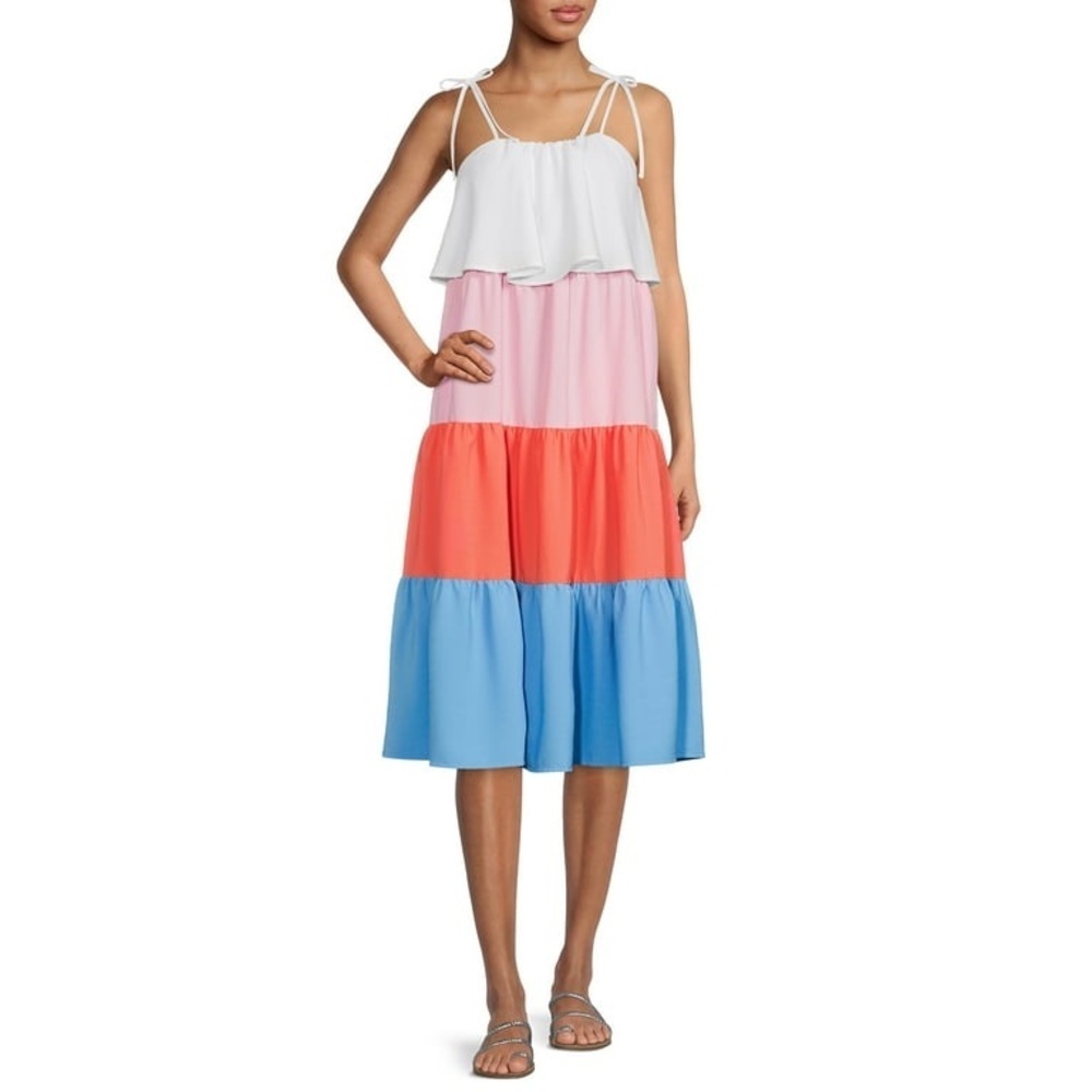 Time and Tru Midi Layered Orange Pink Blue Casual Beach Summer Spring Dress - XL